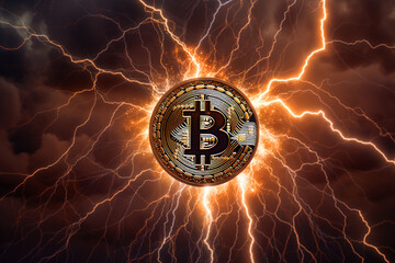 bitcoin lightning network conceptual image with golden bitcoin hit buy with electric sparks symbolizing the powerful lightning network. Image made using Generative AI - 696016288