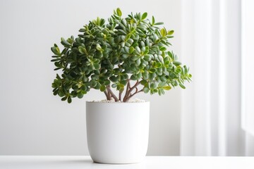 Beautiful Crassula ovata, Jade Plant,Money Plant, succulent plant in a modern flower pot on a white table on a light background