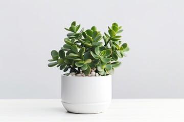 Beautiful Crassula ovata, Jade Plant,Money Plant, succulent plant in a modern flower pot on a white table on a light background
