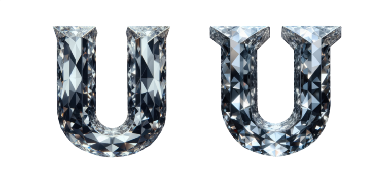 diamond alphabet - letter U - 3D isolated transparent background PNG - cristal letter U from the alphabet - Glass U letter