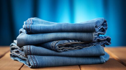 Photo of restored jeans prepared for re-sale on light blue background. Concept of the circular economy - obrazy, fototapety, plakaty
