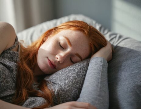 Young ginger woman sleeping in her gray bed at home, sunlight on her face, view from above