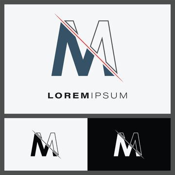 Letter M cutting logo icon with line cut in the middle. Creative alphabet M monogram logo design. Fashion icon design template