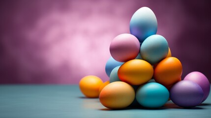 Easter composition with a pile of colorful painted eggs, cyan and violet background, copy space, banner