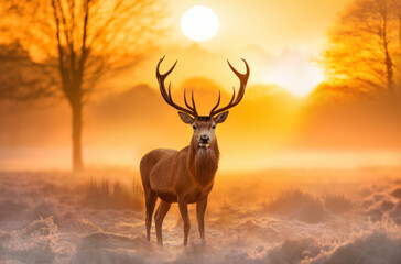 Portrait of a Red deer stag at sunrise in winter.