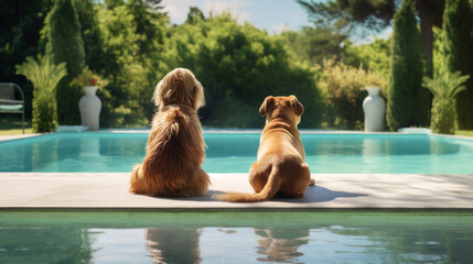Two dogs sitting on the edge of the swimming pool