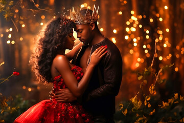 A couple in fairytale red outfits and crowns stands hugging in a fairytale forest, king and queen of a school ball, valentine's day or wedding - obrazy, fototapety, plakaty