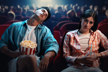 Young man and woman, couple, friends visiting cinema, watching movie, sitting with bored face. Man sleeping. Uninteresting film. Concept of leisure time, relationship, emotions, weekend activity - obrazy, fototapety, plakaty