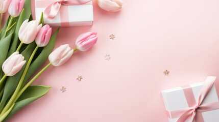 Obraz na płótnie Canvas Gift box with a satin ribbon surrounded by pink tulips and delicate petal decorations on a pastel pink background