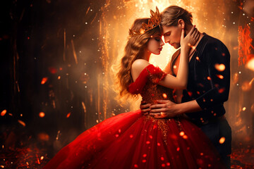 A young couple in fairytale red outfits and crowns stands hugging in a fairytale forest, king and queen of a school ball, valentine's day or wedding, copy space for text - obrazy, fototapety, plakaty