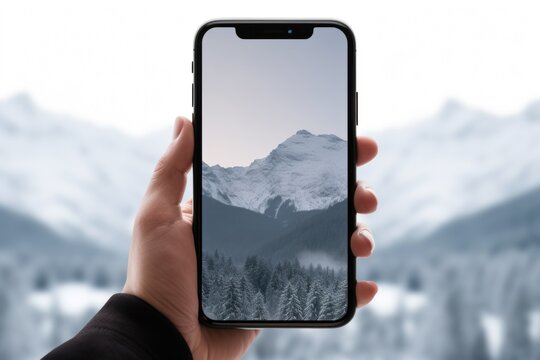 Photo of mountains and hills on the phone screen. Man holding smartphone