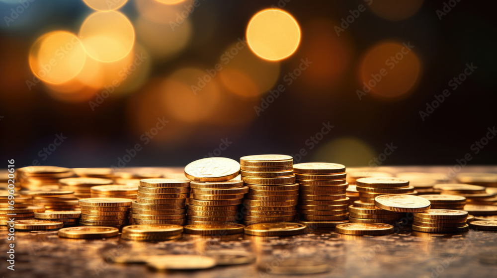 Poster multiple stacks of shiny gold coins on a surface with a warm, glowing bokeh light effect in the back