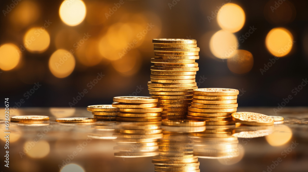 Poster multiple stacks of shiny gold coins on a surface with a warm, glowing bokeh light effect in the back