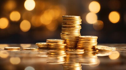 Multiple stacks of shiny gold coins on a surface with a warm, glowing bokeh light effect in the background.
