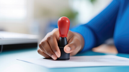 Female hand is pressing a blue and black rubber stamp onto a document,