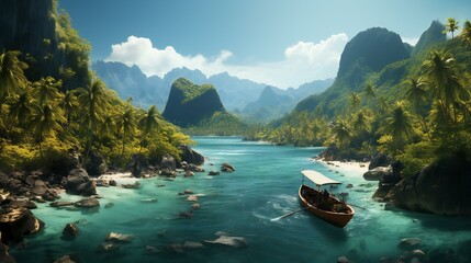 Tropical paradise with a turquoise bay and lush landscape. Exotic beach destination in Asia - obrazy, fototapety, plakaty