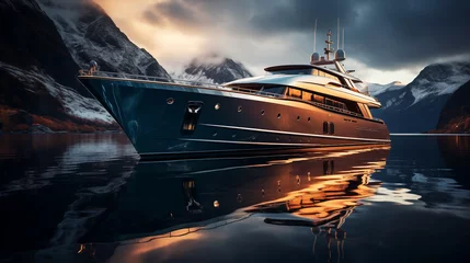 Fotobehang A luxury yacht located on a harsh Norwegian fjord. The concept of quiet luxury © mikhailberkut