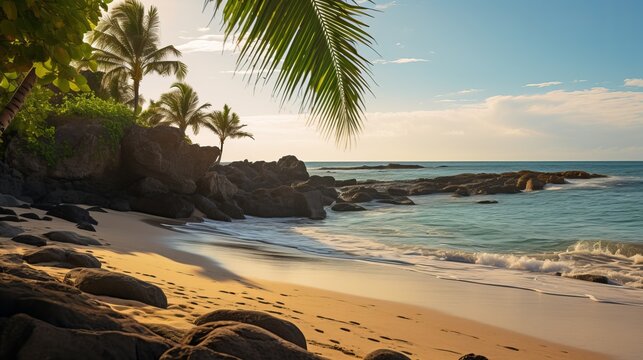A beach that features rocks and palm trees.