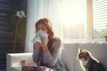 A woman sneezes with a handkerchief in her hands. Allergy to animal fur, cat - obrazy, fototapety, plakaty