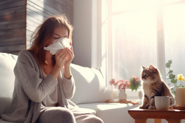 A woman sneezes with a handkerchief in her hands. Allergy to animal fur, cat