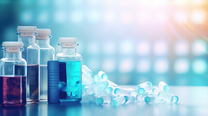 laboratory bottles and pharmaceutical medications with copy space - obrazy, fototapety, plakaty