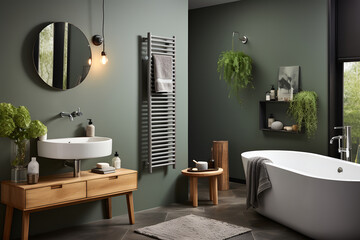 Interior of a modern bathroom with green walls, concrete floor, comfortable bathtub and towel radiator. ai generated