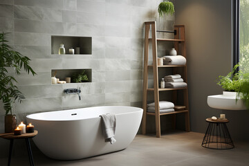 Bathroom interior with bathtub and shelves, 3d render. ai generated