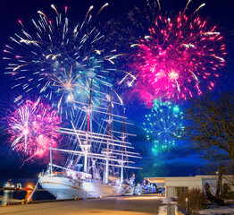 Fireworks display by the Baltic Sea in Gdynia. Poland