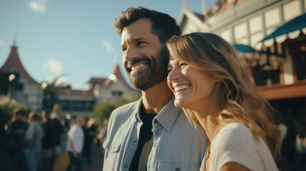Couple in their 30s smiling at Disneyland in California, USA. - obrazy, fototapety, plakaty
