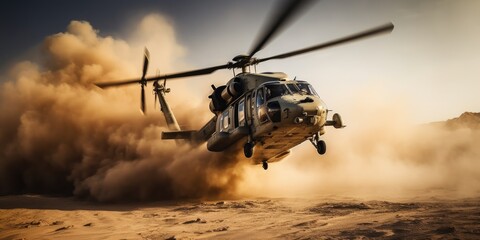 a military helicopter flying over the sand