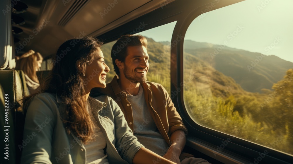 Wall mural couple admiring magnificent scenery while enjoying a romantic train journey.