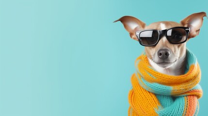 dog wearing scarf and sunglasses on light blue background with empty space