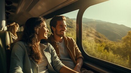 couple admiring magnificent scenery while enjoying a romantic train journey. - obrazy, fototapety, plakaty