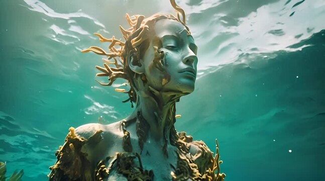 statue with coral reef under water