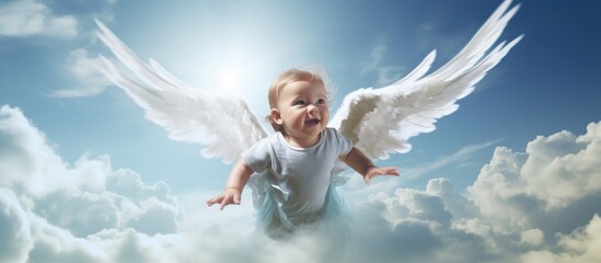 a baby in white in blue angel wings flying above clouds