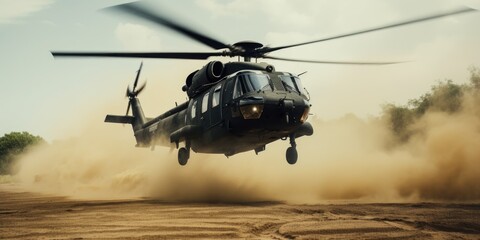 a black helicopter flying high over a dusty ground