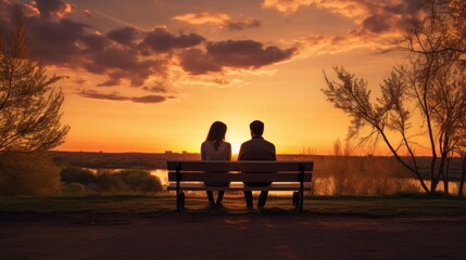 Fototapeta na wymiar couple enjoying a peaceful sunset on a bench