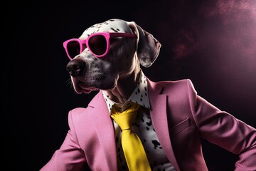 a dog in a suit with shades and a yellow vest