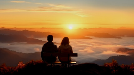 Fototapeta na wymiar Romantic couple sitting on a bench and watching the sunrise over the misty valley.Holiday travel concept.Happy valentines day concept.