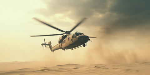 a helicopter flies over a sand military