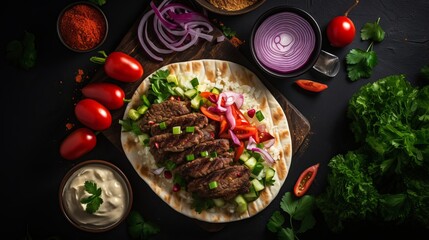 A top-down view of the ingredients involved in making an arab kebab sandwich.