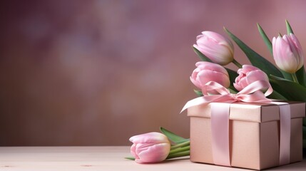 Pink tulips with present on a light background