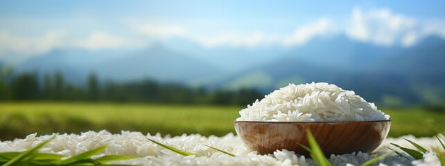 Asian uncooked white rice in background of a field