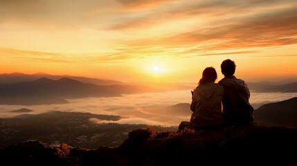 Silhouette of romantic couple sitting on top of mountain and looking at beautiful sunset with sea of mist.Holiday travel concept.Happy valentines day concept.