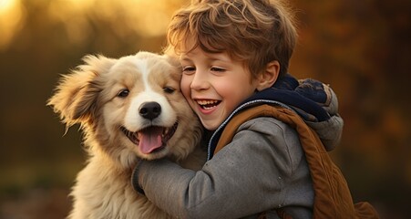 a boy and his dog smiling at each other