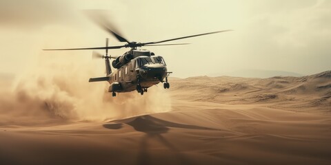 a helicopter flies over a sand military - obrazy, fototapety, plakaty