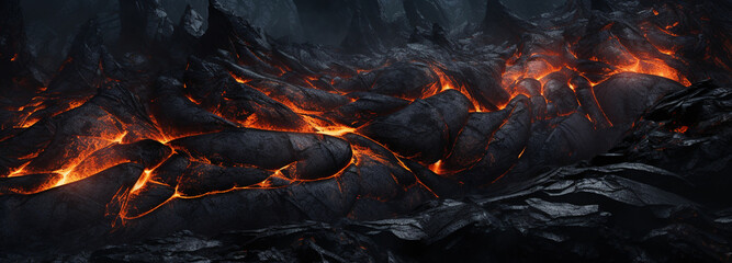Depict the texture of a frozen lava flow, capturing the rough and dynamic nature of volcanic rock with hints of molten lava solidifying into unique patterns - obrazy, fototapety, plakaty