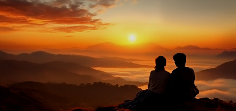 Silhouette of a romantic couple watching the sunrise with sea of mist on a mountain top. Good morning greeting message concept.Happy valentines day concept.