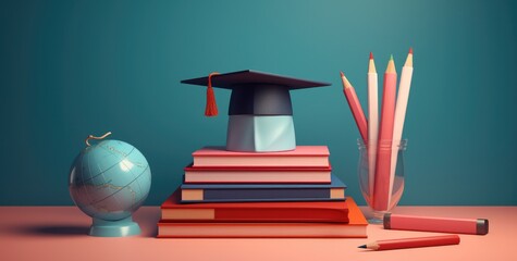 a diploma, books, and a cap stacked on top of them