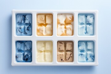 Fototapeta premium Frozen ice cream in ice cube tray top view on blue background, closeup